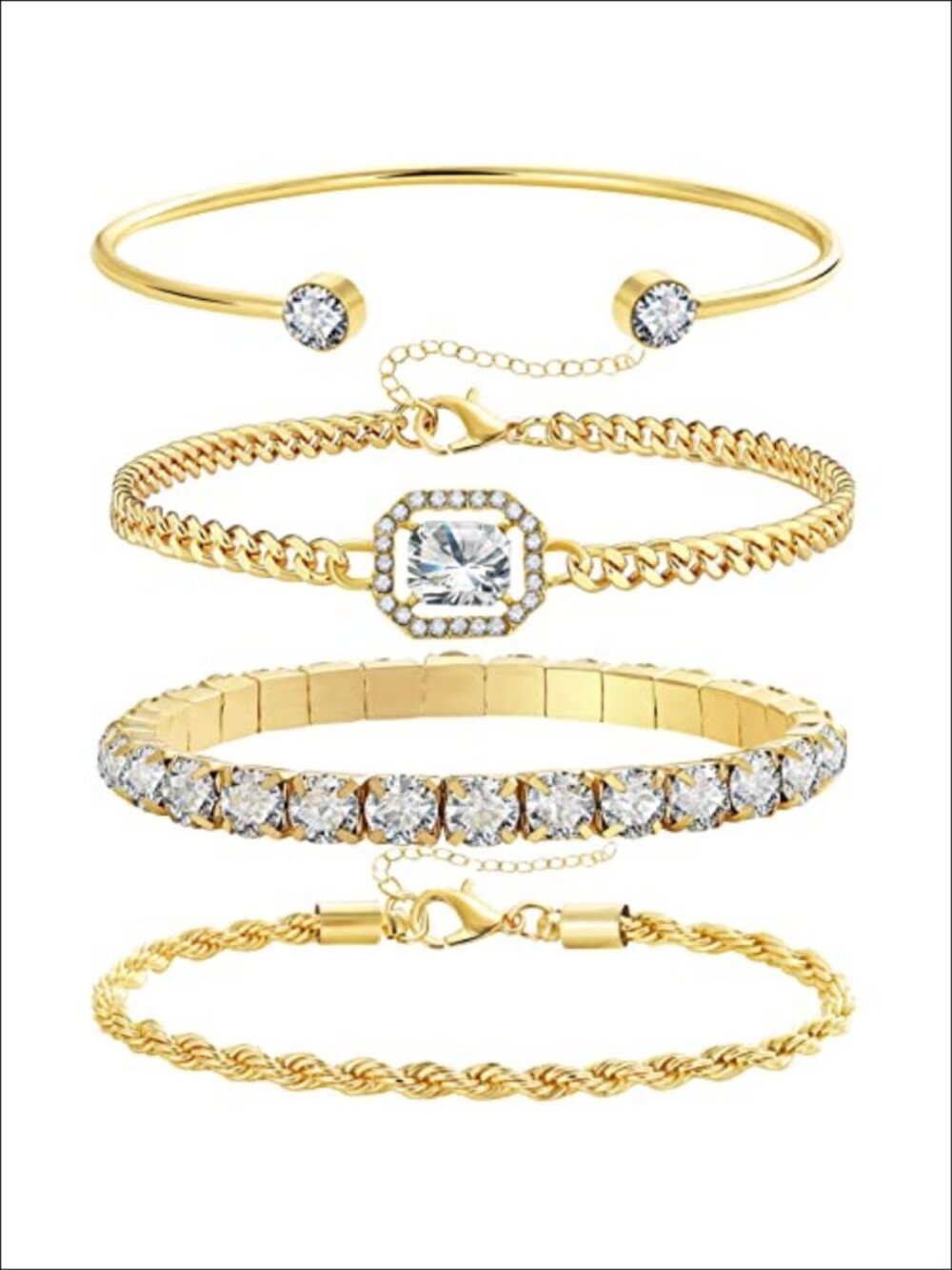 4 Pc Gold Plated Link Charm Bracelet Set Cubic Zirconia Adjustable Stackable